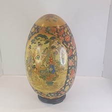Japanese Decorative Egg-Shaped Vase Floral Geisha Figural Scene Black Base 24