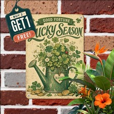 Vintage Botanical Clover Sign Green Watering Can Bouquet Metal Tin Plaque 8x12 picture