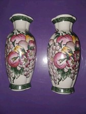 Pair Of Vintage Chinese Floral Painted Green Pink White Half Wall Vase Decor picture
