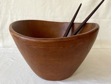 Large Hand Turned Teak Wood Bowl & Utensils Danish Modern 12x7 MCM Rustic picture