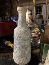 Vintage 1950s Hazel-Atlas Milk Glass Blue Drizzle Wine Bottle with Lid picture