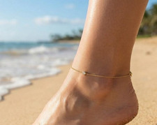 Dainty Diamond Rolo Chain Anklet 14K Yellow Gold Over Bezel Set Foot Jewelry 10