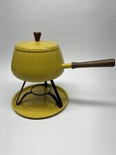 Vtg Mid Century Yellow Mustard Metal FONDUE POT Warmer Set Wooden Handles Japan picture