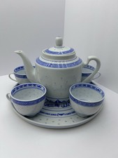 Vtg Rice Grain Porcelain Tea Set Blue & White Translucent Jingdezhen China 7 Pc picture