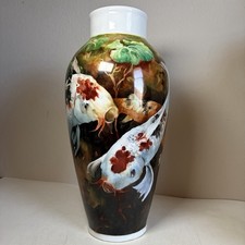 Large Chinese Hand Painted White Porcelain Koi Fish Art Vase 21” Tall picture