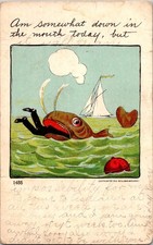 Postcard Humorous Somewhat Down in Mouth Fisherman Being Swallowed By Fish 1905 picture