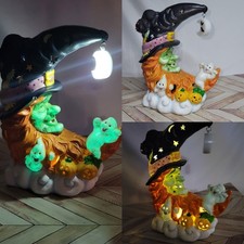 RARE find  Halloween Ceramic Crescent Moon Witch Glow In The Dark / Light Up  picture