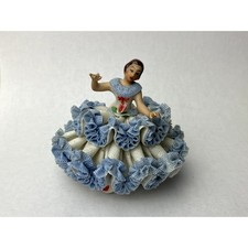 Vintage German F.W. Wessel Dresden Lace Porcelain Figurine Blue Dress Lady picture