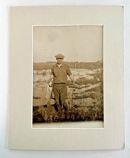 Antique 1920's Sepia Photo Print Of Fisherman With Large Fish & Pole picture