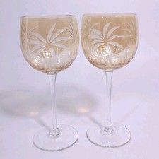 Lenox Etched Crystal Wine Glass Amber British Colonial Scenic Palm Tree Pair picture