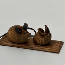 2 VTG Mid Century Modern Wood Mouse Figurine Suede Ears Leather Tail MCM Decor picture
