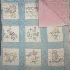 Vtg 48 State Flower Hand Quilted Painted Cotton Quilt Americana 71x94 picture