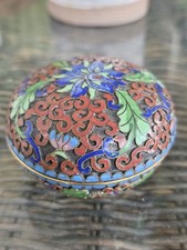 Vintage Cloisonne Trinket Box Brass Miniature Enamel Blue Floral 2.5