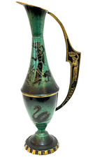 Vintage Israel Pitcher Judaism Jerusalem Hebrew Jewish Heavy Hand Painted Brass picture
