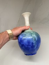 Vtg Japanese Seihou Blue Crystalline Glaze Porcelain Vase Signed 10” picture