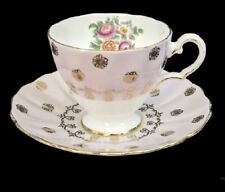 Grosvenor Bone China Cup & Saucer England Pink Gilt Floral Scalloped Numbered picture