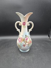 Vintage Arnart Porcelain Double Handled Vase Roses Gold Trim picture