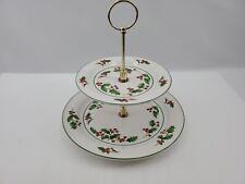 Sango White Christmas Two Tier Tray Cookie Cupcake Display Holly Berries Holiday picture