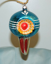 Vtg  Blue Triple Indent w/ Long Finial Glass Ornament Hand Painted 4 1/2
