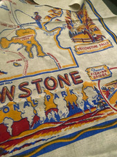 Vtg 1940s DavisCo Yellowstone National Park Cactus Cloth Card Tablecloth 35x38 picture