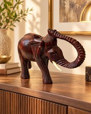 Vintage Hand Carved Wooden Elephant Statue – Large Heavy Wood Sculpture Decor picture
