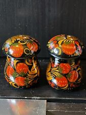 VTG Set-Russian Khokhloma Lacquered Salt & Pepper Shakers-Strawberries & Florals picture