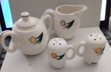 Creamer~Sugar~Salt~Pepper Set Ceramic Ribbed/Flowers on both sides JAPAN MCM 4pc picture