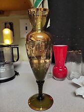 Vintage Gold Accented Red Jeweled Green Pedestal Vase With Intricate Gold Design picture