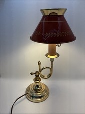 Vintage Mid Century Brass Red Tole Shade Hurricane Desk Library Table Lamp MCM picture