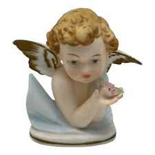 Vintage Lefton?  Bisque Angel Cherub Bust Holding Roses In Hands Figurine F-508 picture