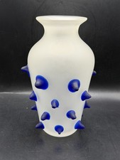 VTG MCM Super RARE Heavy Frosted Art Glass Vase Cobalt Blue Prunts Spikes 11.5