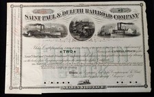 St Paul & Duluth Railroad Co 1878 Stock Certificate – 2 Shares – Steam Train  picture