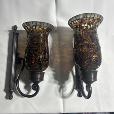 Vintage Pair Bombay Mosaic Glass Wall Sconce Hurricane BronzeCandle Holder 12