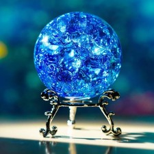 60mm Ice Cracked Crystal Ball Paperweight Blue Glass Ball with Stand picture