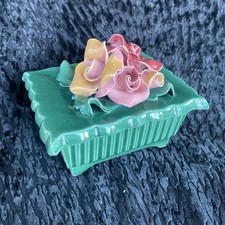 Vintage Johannes Brahm Green Ceramic Trinket Box #465 w/ Rose Lid California USA picture