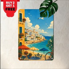 White Mediterranean Coastal Village Poster Scenic Ocean Sea Metal Plaque picture
