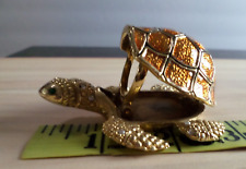 Gold Tone Turtle Hinged Metal Enamel Rhinestone Trinket Box? Lipstick Holder? picture