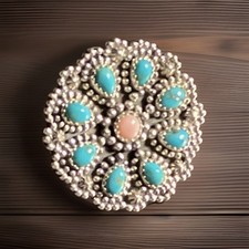 Exquisite Pink Conch Kingman Turquoise Cluster Flower Raindrop Ring Sz 5.5 NEW picture