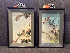 2 VINTAGE CHINESE 3D Carved Stone & Mother of Pearl Bird Art SIGNED picture