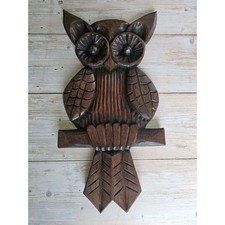 Vintage 70s Hand Carved Wood Owl Wall Hanging 18