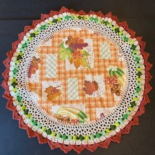 Vintage Autumn Harvest Fabric Doily Crochet Lace Trim Pumpkin Acorn 12 Inch picture