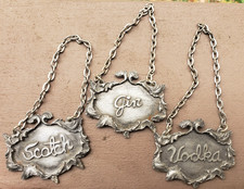 Lot of Three  Vintage Metzke Pewter Liquor Bottle Neck Tags Gin Vodka Scotch picture