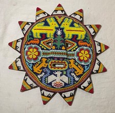 Vintage handmade Mexican Huichol chroma beaded wood wall sun sculpture mask  art picture