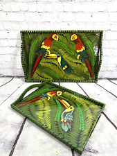 Vtg set of 2 Wood Serving Tray Hand Painted Parrot Macaw Folk Art Colorful Tiki picture