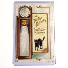 Antique 1914 A Thrilling Halloween Postcard Jack O Lantern Grandfather Clock picture