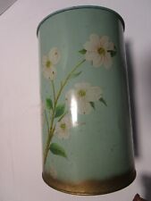 Retro Metal tole Wastebasket Can Trust Green Pink Moss Rose Franciscan 10.75” T picture