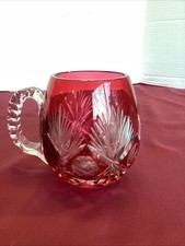 BEAUTIFUL Vintage Cranberry Cut to Clear Crystal Etched Tankard Mug Heavy picture