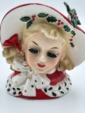 VTG INARCO E-195C CHRISTMAS LADY HEAD VASE HAND PAINTED RED HAT PEARL EARRINGS picture