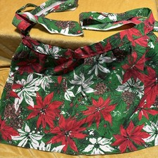 Vintage Christmas Half Apron Poinsettias Flower Rick Rack Red White Green w pock picture