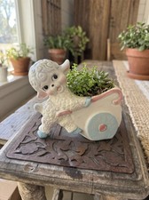 Vintage HF Co Japan Ceramic Lamb Planter Baby Nursery Sheep Cart Wheelbarrow MCM picture